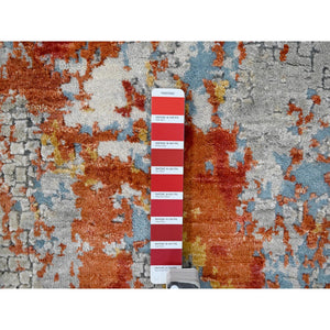 2'7"x5'10" Burnt Orange with Medium Gray, Abstract with Fire Mosaic Design, Wool and Silk, Hand Knotted, Runner, Oriental Rug FWR60072