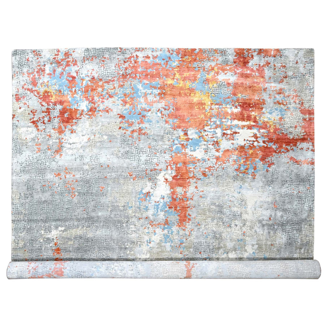 12'x12' Burnt Orange with Cloud Gray, Abstract with Fire Mosaic Design, Wool and Silk, Hand Knotted, Square Oriental Rug FWR60084