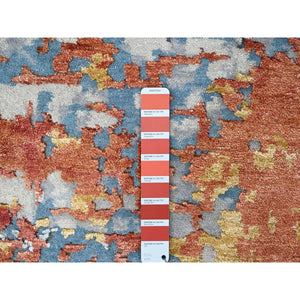 12'x12' Burnt Orange with Cloud Gray, Abstract with Fire Mosaic Design, Wool and Silk, Hand Knotted, Square Oriental Rug FWR60084