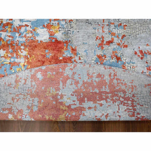 11'10"x11'10" Rust Orange with Medium Gray, Hand Knotted, Abstract with Fire Mosaic Design, Wool and Silk, Round, Oriental Rug FWR60090