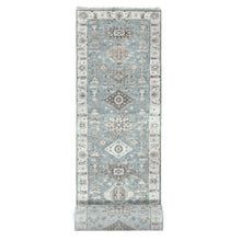 Load image into Gallery viewer, 2&#39;8&quot;x19&#39;8&quot; Metallic Gray, Karajeh and Geometric Design, Organic Wool, Hand Knotted, XL Runner, Oriental Rug FWR60150