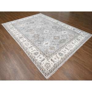 9'2"x11'8" Gentle Gray, Organic Wool, Hand Knotted, Karajeh and Geometric Design, Oriental Rug FWR60162