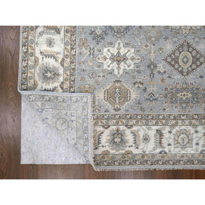 9'2"x11'8" Gentle Gray, Organic Wool, Hand Knotted, Karajeh and Geometric Design, Oriental Rug FWR60162