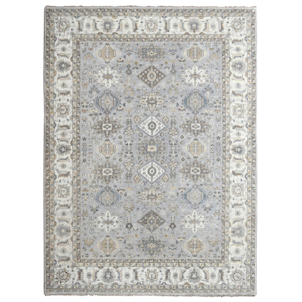 9'x12' Chrome Gray, Organic Wool, Karajeh and Geometric Design, Hand Knotted, Oriental Rug FWR60174