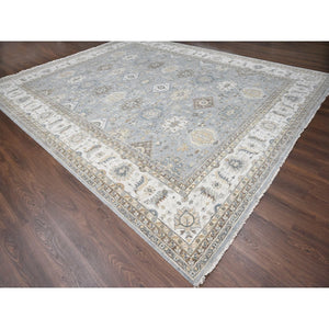 12'2"x15' Metallic Gray, Hand Knotted, Karajeh and Geometric Design, Organic Wool, Oversized, Oriental Rug FWR60180