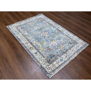 4'x5'9" Grayish Blue, Organic Wool, Denser Weave, Broken and Erased Persian Heriz, Soft Color Palette, Hand Knotted, All Over Design, Oriental Rug FWR60210