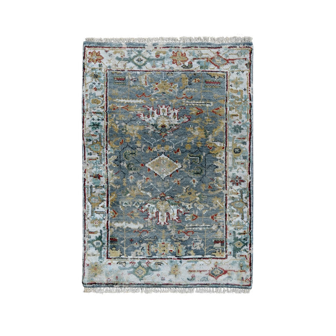 2'x3' Grayish Blue with Soft Color Palette, Organic Wool, Denser Weave, Broken and Erased Persian Heriz, All Over Design, Hand Knotted, Mat, Oriental Rug FWR60222