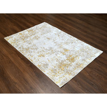 Load image into Gallery viewer, 4&#39;x5&#39;9&quot; Pastel Gray with Touches of Gold, Hi-Low Pile, Abstract Design, Wool and Silk, Hand Knotted, Oriental Rug FWR60330