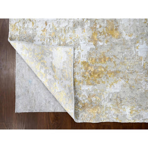 4'x5'9" Pastel Gray with Touches of Gold, Hi-Low Pile, Abstract Design, Wool and Silk, Hand Knotted, Oriental Rug FWR60330