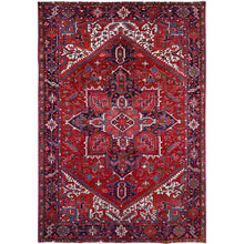 Load image into Gallery viewer, 7&#39;8&quot;x11&#39; Pepper Red and Yale Blue Border, Hand Knotted Cropped Thin, Even Wear Old Geometric Persian Heriz, Sides and Ends Professionally Secured and Cleaned, Soft Wool Oriental Rug Sh103 FWR618