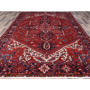 7'8"x11' Pepper Red and Yale Blue Border, Hand Knotted Cropped Thin, Even Wear Old Geometric Persian Heriz, Sides and Ends Professionally Secured and Cleaned, Soft Wool Oriental Rug Sh103 FWR618