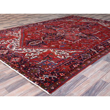 Load image into Gallery viewer, 7&#39;8&quot;x11&#39; Pepper Red and Yale Blue Border, Hand Knotted Cropped Thin, Even Wear Old Geometric Persian Heriz, Sides and Ends Professionally Secured and Cleaned, Soft Wool Oriental Rug Sh103 FWR618