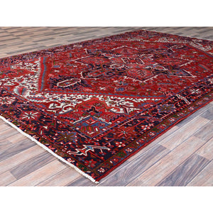 7'8"x11' Pepper Red and Yale Blue Border, Hand Knotted Cropped Thin, Even Wear Old Geometric Persian Heriz, Sides and Ends Professionally Secured and Cleaned, Soft Wool Oriental Rug Sh103 FWR618