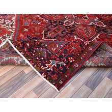 Load image into Gallery viewer, 7&#39;8&quot;x11&#39; Pepper Red and Yale Blue Border, Hand Knotted Cropped Thin, Even Wear Old Geometric Persian Heriz, Sides and Ends Professionally Secured and Cleaned, Soft Wool Oriental Rug Sh103 FWR618