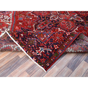 7'8"x11' Pepper Red and Yale Blue Border, Hand Knotted Cropped Thin, Even Wear Old Geometric Persian Heriz, Sides and Ends Professionally Secured and Cleaned, Soft Wool Oriental Rug Sh103 FWR618