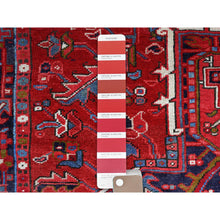 Load image into Gallery viewer, 7&#39;8&quot;x11&#39; Pepper Red and Yale Blue Border, Hand Knotted Cropped Thin, Even Wear Old Geometric Persian Heriz, Sides and Ends Professionally Secured and Cleaned, Soft Wool Oriental Rug Sh103 FWR618