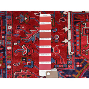 7'8"x11' Pepper Red and Yale Blue Border, Hand Knotted Cropped Thin, Even Wear Old Geometric Persian Heriz, Sides and Ends Professionally Secured and Cleaned, Soft Wool Oriental Rug Sh103 FWR618