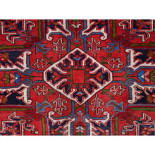 Load image into Gallery viewer, 7&#39;8&quot;x11&#39; Pepper Red and Yale Blue Border, Hand Knotted Cropped Thin, Even Wear Old Geometric Persian Heriz, Sides and Ends Professionally Secured and Cleaned, Soft Wool Oriental Rug Sh103 FWR618