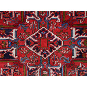 7'8"x11' Pepper Red and Yale Blue Border, Hand Knotted Cropped Thin, Even Wear Old Geometric Persian Heriz, Sides and Ends Professionally Secured and Cleaned, Soft Wool Oriental Rug Sh103 FWR618