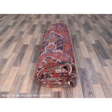 Load image into Gallery viewer, 7&#39;8&quot;x11&#39; Pepper Red and Yale Blue Border, Hand Knotted Cropped Thin, Even Wear Old Geometric Persian Heriz, Sides and Ends Professionally Secured and Cleaned, Soft Wool Oriental Rug Sh103 FWR618