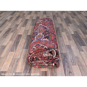 7'8"x11' Pepper Red and Yale Blue Border, Hand Knotted Cropped Thin, Even Wear Old Geometric Persian Heriz, Sides and Ends Professionally Secured and Cleaned, Soft Wool Oriental Rug Sh103 FWR618