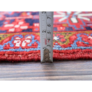 7'8"x11' Pepper Red and Yale Blue Border, Hand Knotted Cropped Thin, Even Wear Old Geometric Persian Heriz, Sides and Ends Professionally Secured and Cleaned, Soft Wool Oriental Rug Sh103 FWR618