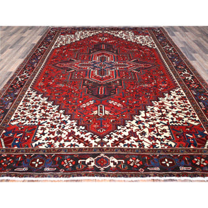 9'3"x11'8" Watermelon Red, Cleaned, Semi Antique Heriz Persian Design and Geometric Medallions, Great Condition Vibrant Wool, Sides and Ends Professionally Secured, Cropped Thin, Evenly Worn Oriental Rug Sh105 FWR630