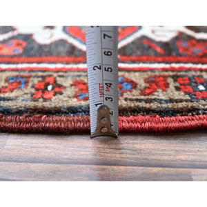 9'3"x11'8" Watermelon Red, Cleaned, Semi Antique Heriz Persian Design and Geometric Medallions, Great Condition Vibrant Wool, Sides and Ends Professionally Secured, Cropped Thin, Evenly Worn Oriental Rug Sh105 FWR630