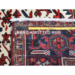 9'3"x11'8" Watermelon Red, Cleaned, Semi Antique Heriz Persian Design and Geometric Medallions, Great Condition Vibrant Wool, Sides and Ends Professionally Secured, Cropped Thin, Evenly Worn Oriental Rug Sh105 FWR630