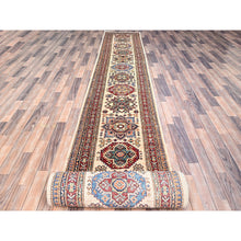 Load image into Gallery viewer, 2&#39;8&quot;x35&#39;3&quot; Pistachio Shell Beige, Multiple Border, Organic Wool Densely Woven Colorful Geometric Medallions Afghan Super Kazak Natural Dyes Hand Knotted XXL Oriental Runner Rug Sh125 FWR750