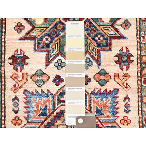 2'8"x35'3" Pistachio Shell Beige, Multiple Border, Organic Wool Densely Woven Colorful Geometric Medallions Afghan Super Kazak Natural Dyes Hand Knotted XXL Oriental Runner Rug Sh125 FWR750