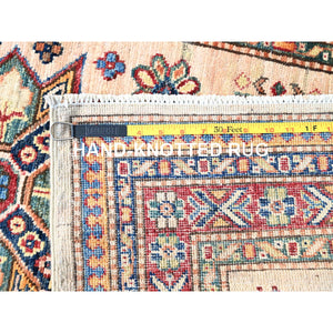 2'8"x35'3" Pistachio Shell Beige, Multiple Border, Organic Wool Densely Woven Colorful Geometric Medallions Afghan Super Kazak Natural Dyes Hand Knotted XXL Oriental Runner Rug Sh125 FWR750