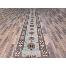 Load image into Gallery viewer, 2&#39;11&quot;x22&#39;7&quot; Puritan Gray, Denser Weave, Oversized, Smooth And Shiny Wool, Colorful Tribal Elements All Over, Natural Dyes, Afghan Hand Knotted Super Kazak Oriental Runner Rug Sh126 FWR756