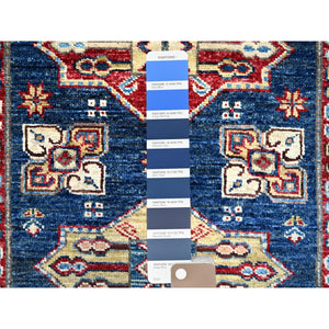 2'8"x11'9" Gibraltar Blue, Hand Knotted Denser Weave All Over Geometric Patterns Afghan Super Kazak With Natural Dyes All Wool Oriental Runner Rug Sh133 FWR798