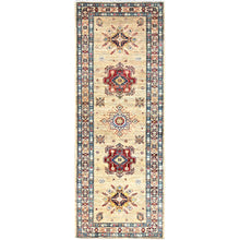 Load image into Gallery viewer, 2&#39;8&quot;x7&#39; Tescan Beige, Afghan Hand Knotted, Pure And Velvety Wool Densely Woven Geometric Patterns Super Kazak, Vegetable Dyes Runner Oriental Rug Sh134 FWR804