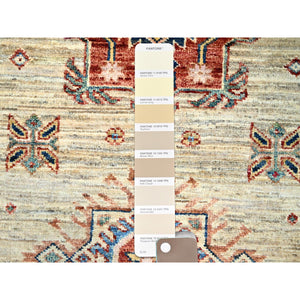 2'8"x7' Tescan Beige, Afghan Hand Knotted, Pure And Velvety Wool Densely Woven Geometric Patterns Super Kazak, Vegetable Dyes Runner Oriental Rug Sh134 FWR804