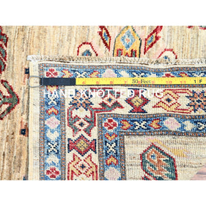 2'8"x7' Tescan Beige, Afghan Hand Knotted, Pure And Velvety Wool Densely Woven Geometric Patterns Super Kazak, Vegetable Dyes Runner Oriental Rug Sh134 FWR804