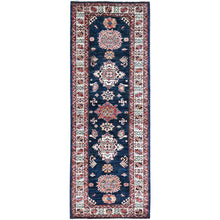 Load image into Gallery viewer, 2&#39;5&quot;x6&#39;9&quot; Brewers Blue, Natural Dyes Tribal Motifs Hand Knotted Pure And Velvety Wool Denser Weave Afghan Super Kazak Oriental Runner Rug Sh136 FWR816