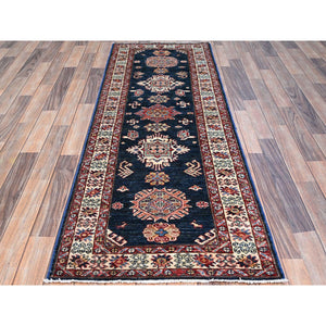 2'5"x6'9" Brewers Blue, Natural Dyes Tribal Motifs Hand Knotted Pure And Velvety Wool Denser Weave Afghan Super Kazak Oriental Runner Rug Sh136 FWR816