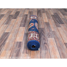 Load image into Gallery viewer, 2&#39;5&quot;x6&#39;9&quot; Brewers Blue, Natural Dyes Tribal Motifs Hand Knotted Pure And Velvety Wool Denser Weave Afghan Super Kazak Oriental Runner Rug Sh136 FWR816