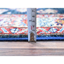 Load image into Gallery viewer, 2&#39;5&quot;x6&#39;9&quot; Brewers Blue, Natural Dyes Tribal Motifs Hand Knotted Pure And Velvety Wool Denser Weave Afghan Super Kazak Oriental Runner Rug Sh136 FWR816