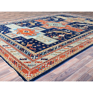 9'10"x13'7" Astros Navy Blue, Armenian Inspired Caucasian Design, 200 KPSI, Hand Knotted with Small Bird Figurines, Velvety Wool, Densely Woven Vegetable Dyes Oriental Rug Sh144 FWR864