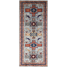 Load image into Gallery viewer, 4&#39;1&quot;x9&#39;10&quot; Misty Gray, Natural Dyes, Hand Knotted Densely Woven, Pure Wool, Armenian Inspired Caucasian Design, 200 KPSI, Runner Oriental Rug Sh146 FWR876