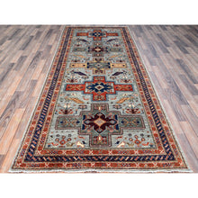 Load image into Gallery viewer, 4&#39;1&quot;x9&#39;10&quot; Misty Gray, Natural Dyes, Hand Knotted Densely Woven, Pure Wool, Armenian Inspired Caucasian Design, 200 KPSI, Runner Oriental Rug Sh146 FWR876