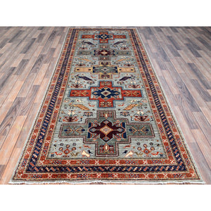 4'1"x9'10" Misty Gray, Natural Dyes, Hand Knotted Densely Woven, Pure Wool, Armenian Inspired Caucasian Design, 200 KPSI, Runner Oriental Rug Sh146 FWR876