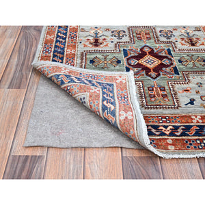 2'8"x9'7" Mirage Gray, Velvety Wool, Densely Woven, 200 KPSI, Armenian Inspired Caucasian Design, Hand Knotted, Small Bird Figurines, Vegetable Dyes, Runner Oriental Rug Sh149 FWR894