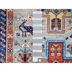 2'8"x9'7" Mirage Gray, Velvety Wool, Densely Woven, 200 KPSI, Armenian Inspired Caucasian Design, Hand Knotted, Small Bird Figurines, Vegetable Dyes, Runner Oriental Rug Sh149 FWR894