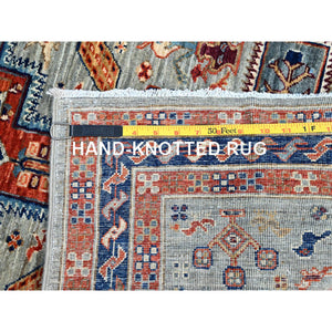 2'7"x7'6" Rustic Gray with Colorful Armenian Inspired Caucasian Design, Small Bird Figurines, All Wool, Densely Woven, 200 KPSI, Hand Knotted, Natural Dyes, Runner Oriental Rug Sh150 FWR900