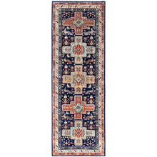 Load image into Gallery viewer, 2&#39;7&quot;x7&#39;9&quot; Broncos Navy Blue, Runner, Armenian Inspired Caucasian Design, Pure And Soft Wool, Hand Knotted, Natural Dyes, Denser Weave, Small Bird Figurines, 200 KPSI, Oriental Rug Sh154 FWR924