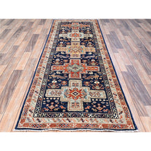 Load image into Gallery viewer, 2&#39;7&quot;x7&#39;9&quot; Broncos Navy Blue, Runner, Armenian Inspired Caucasian Design, Pure And Soft Wool, Hand Knotted, Natural Dyes, Denser Weave, Small Bird Figurines, 200 KPSI, Oriental Rug Sh154 FWR924